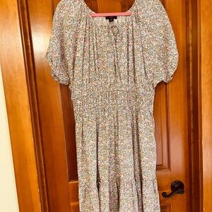 J. Crew Floral Midi Dress in Cream with Pink, Green and Orange